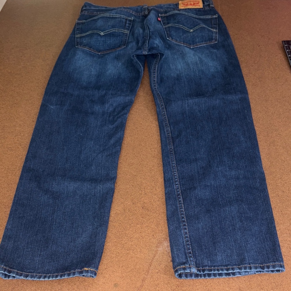 Levi's 505 Straight Jeans in Dark Blue with Tan Patch - Picture 2 of 11